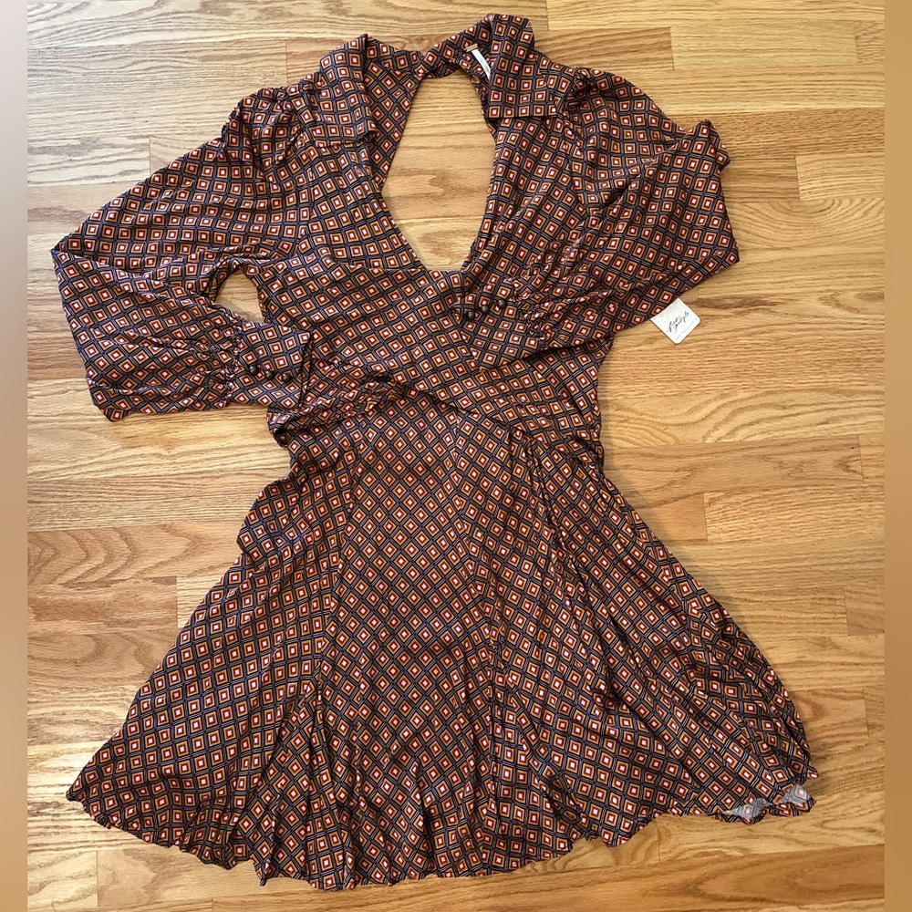 Free People Brown Long Sleeve Printed Wrap Mini Dress - Picture 2 of 16